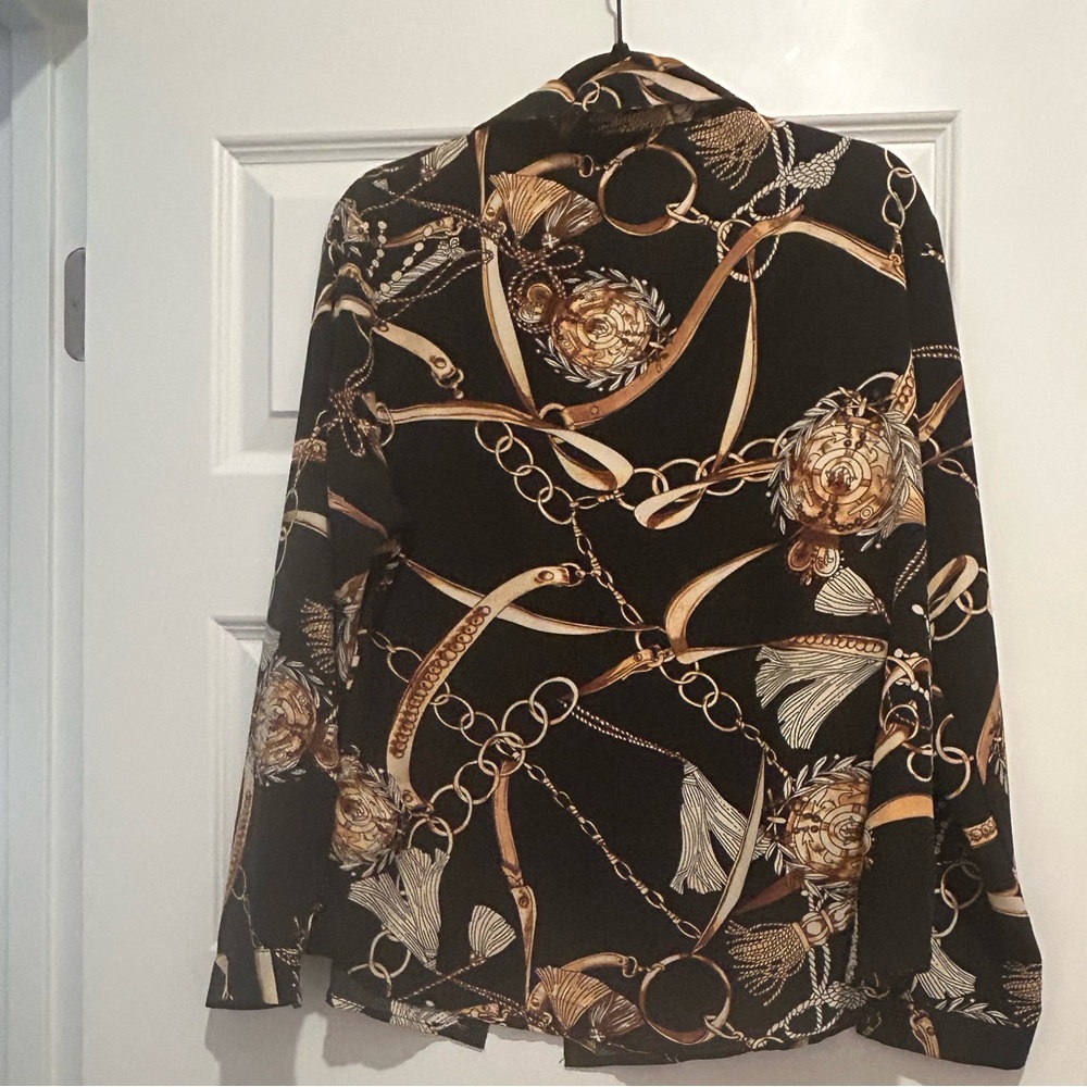 SHEIN Black and Gold Chain Print Button-Up Blouse
